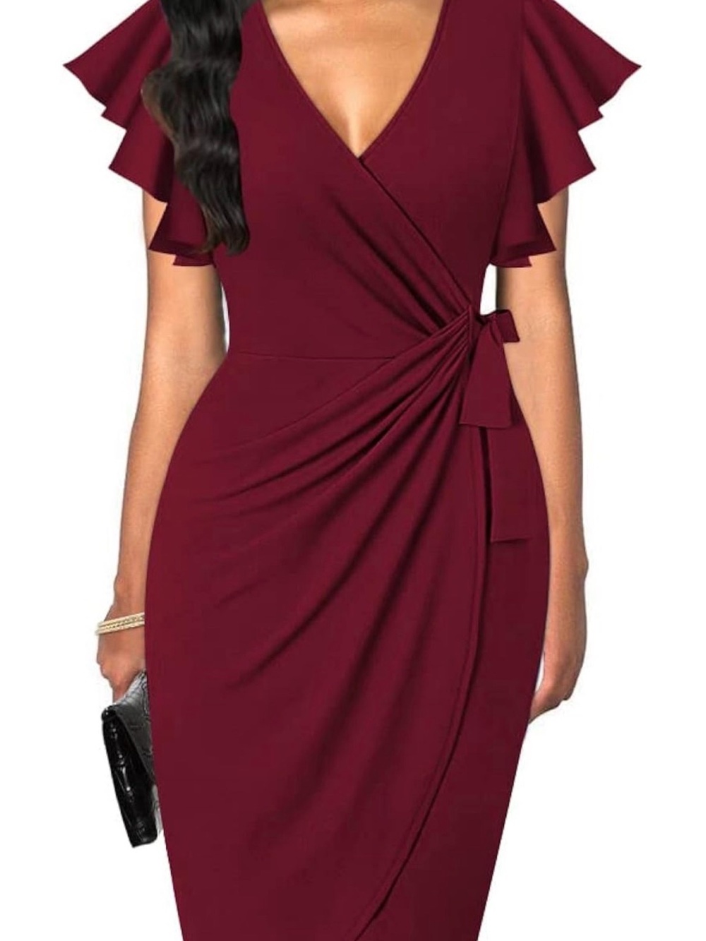 Women's Wrap Midi Dress in Burgundy with Flutter Sleeves